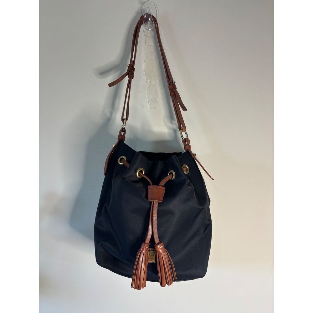 Dooney & Bourke Black Nylon Drawstring Bucket Bag Tan Leather Trim Tassel